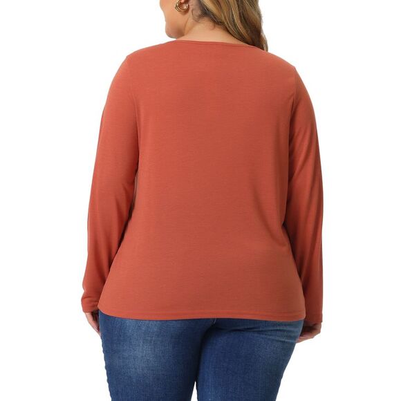 Plus Size Tshirt Women Casual Tops Button Front Long Sleeve Tee Top Orange - Picture 4 of 6